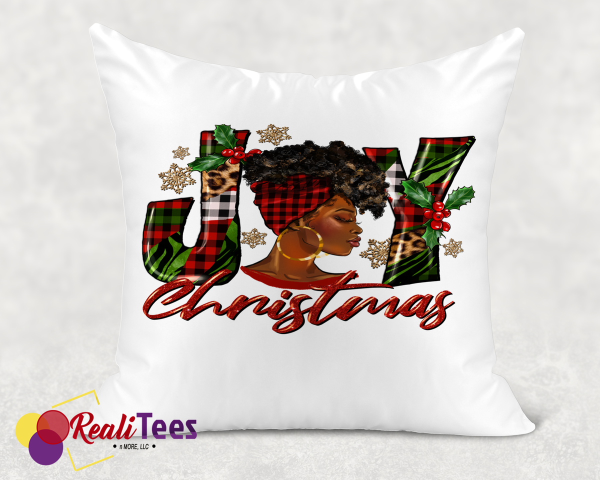 JOY Christmas Throw Pillow – Afrocentric Woman with Plaid Holiday Print