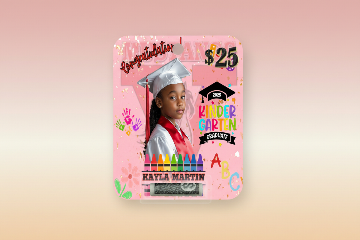 A personalized Graduation Glow-Up Money Card with a photo, name, and a $25 denomination, designed for a graduation celebration.