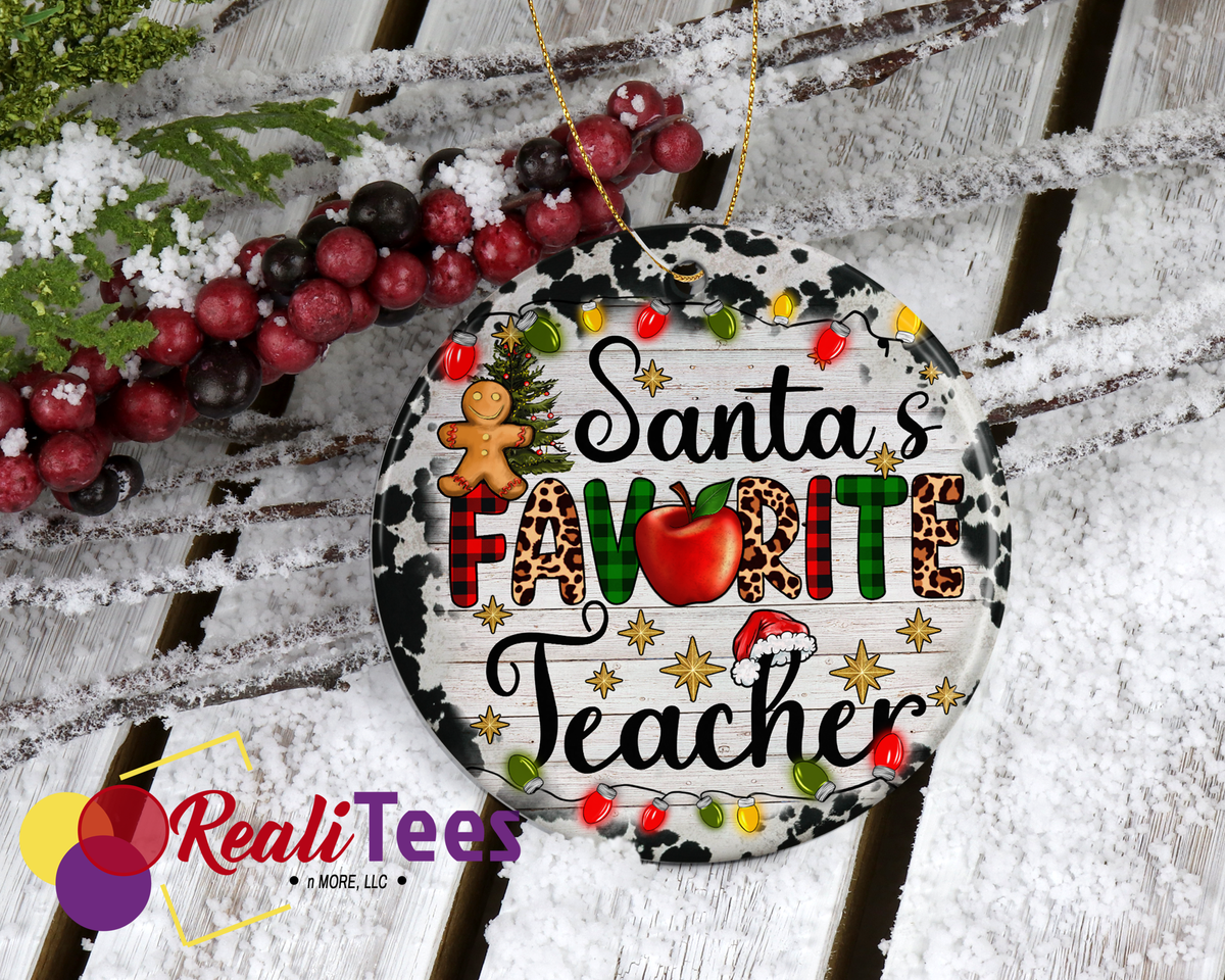 Santa’s Favorite Teacher Christmas Ornament – Cow Print Design with Lights, Perfect Teacher Gift